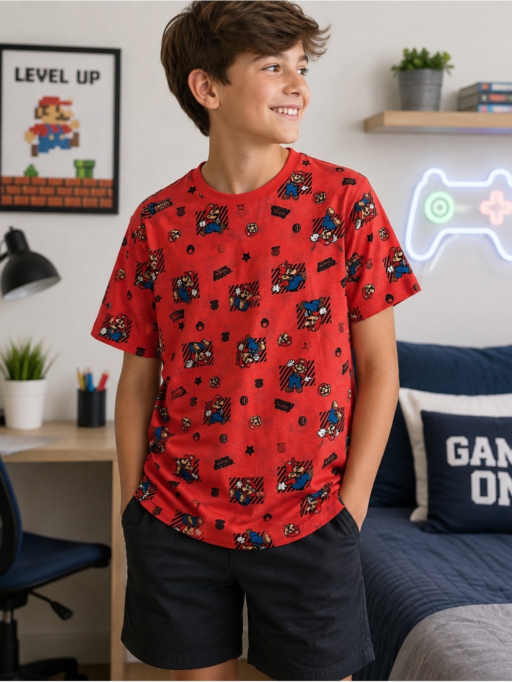 NWT Nintendo Super Mario All Over Print Red Graphic T-Shirt L.